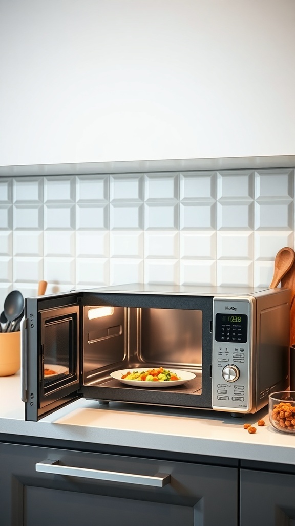 A sleek microwave oven in a modern kitchen with food inside.